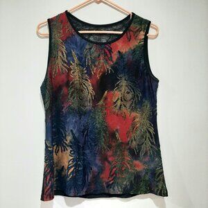 Vintage sheer back leaf embroidered colorful sleeveless blouse